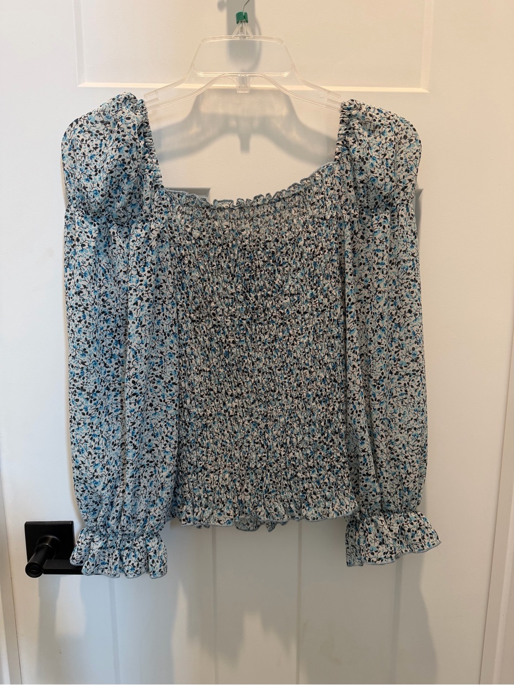 Boohoo Light Blue Floral Smocked Square-Neck Blouse